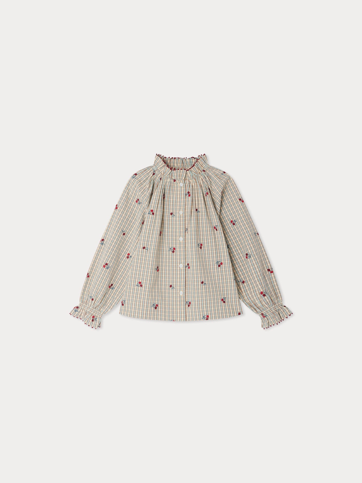 Blusa Jordana con volant in cotone biologico e ricamo di ciliegie