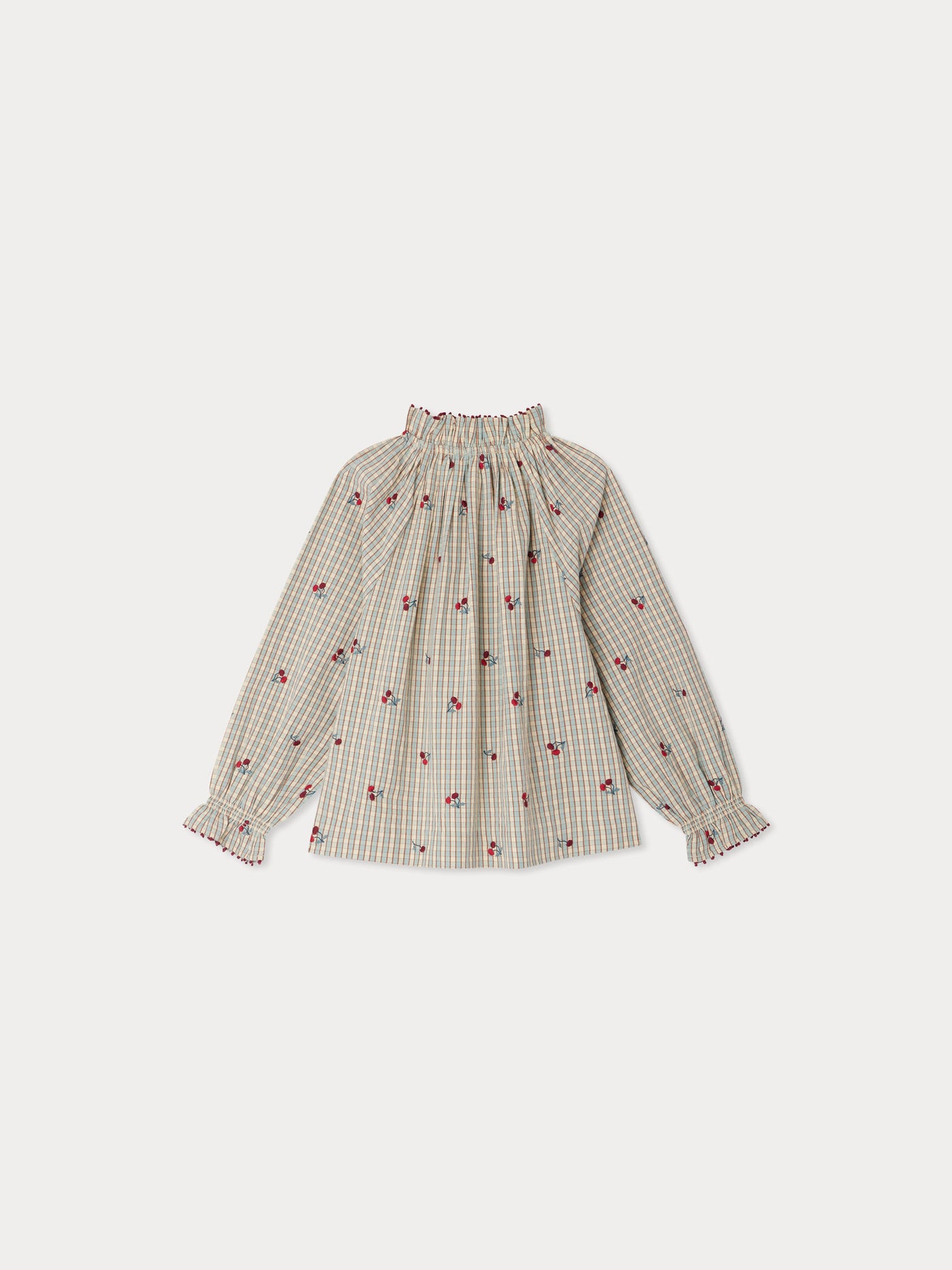 Blusa Jordana con volant in cotone biologico e ricamo di ciliegie