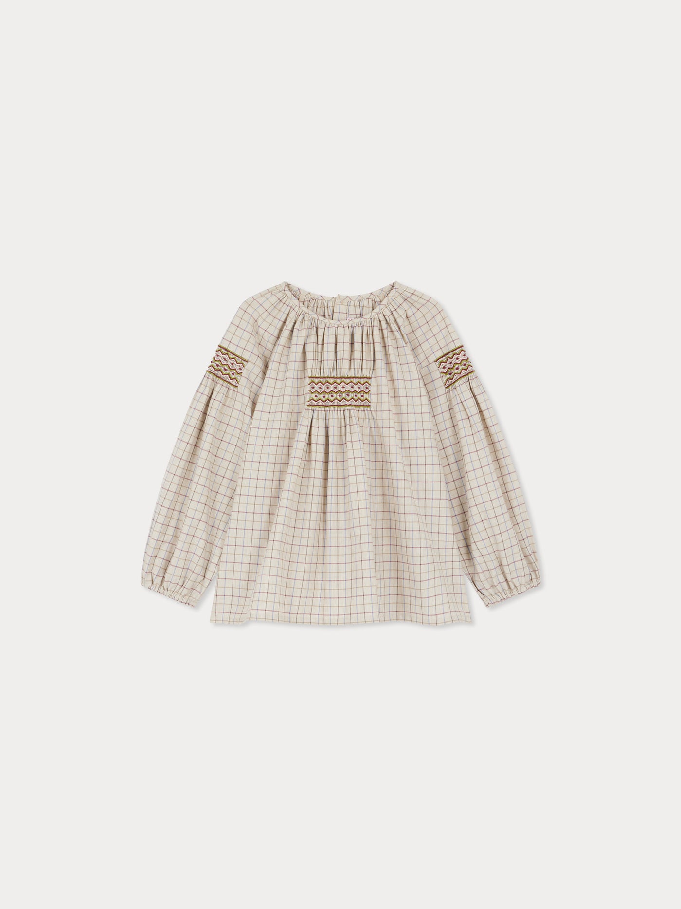 Poldie smocked and embroidered plaid blouse