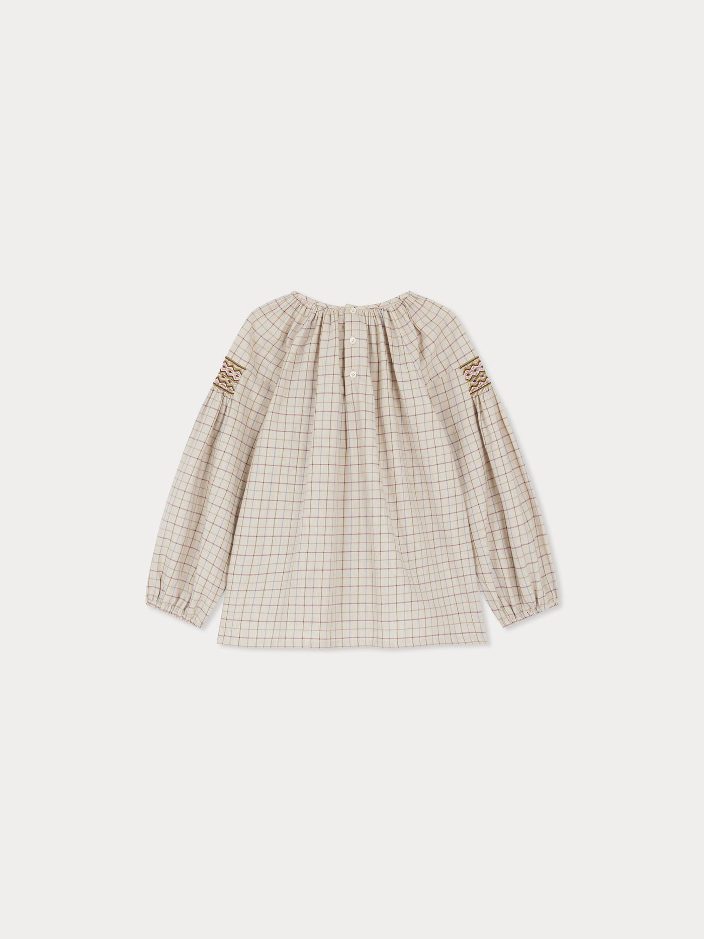 Poldie smocked and embroidered checkered blouse