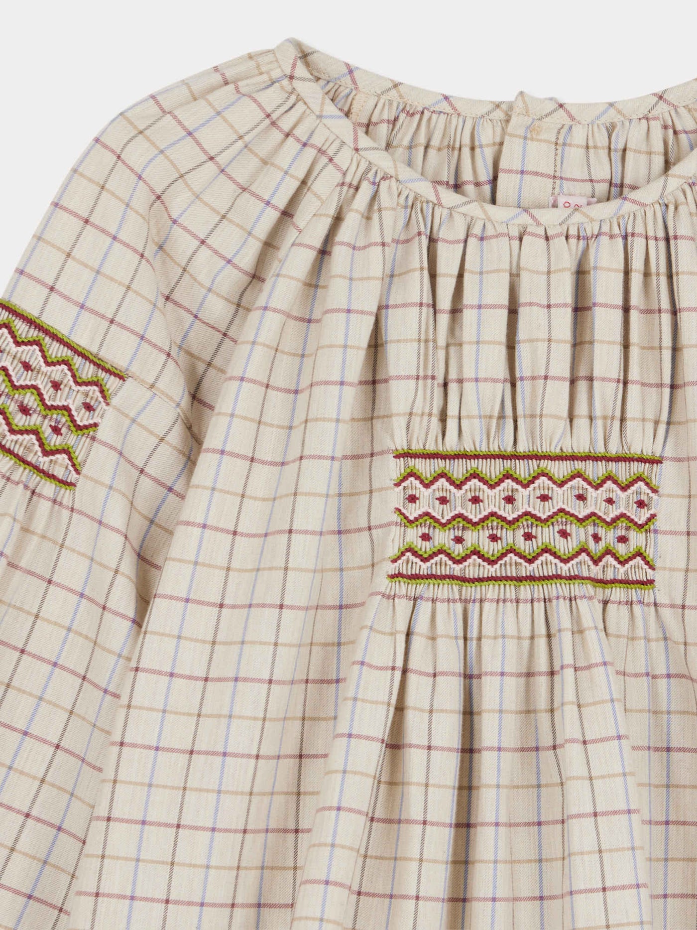 Poldie smocked and embroidered checkered blouse