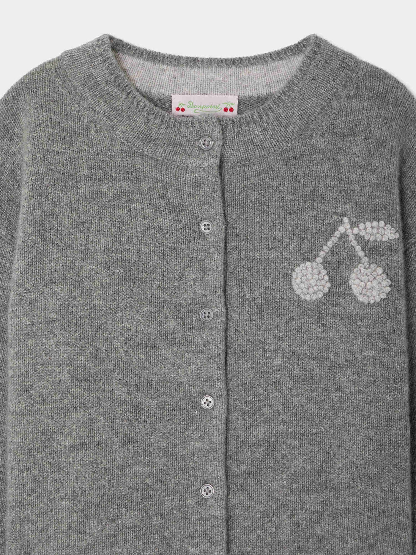 Cardigan Judicael ricamato a mano in cashmere grigio con ciliegie