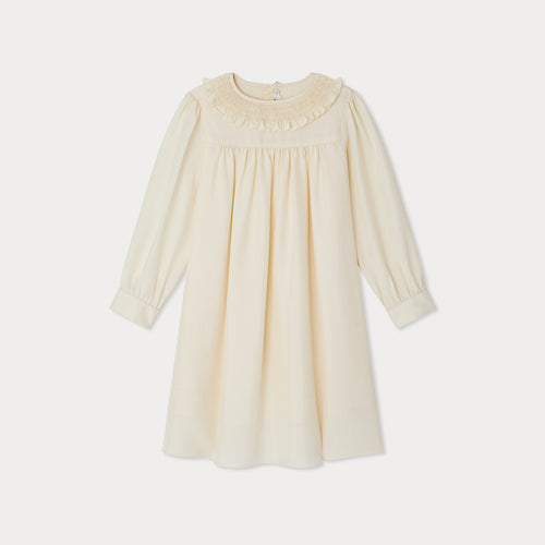 Janine-Kleid mit rauchigem und besticktem Seidenkragen