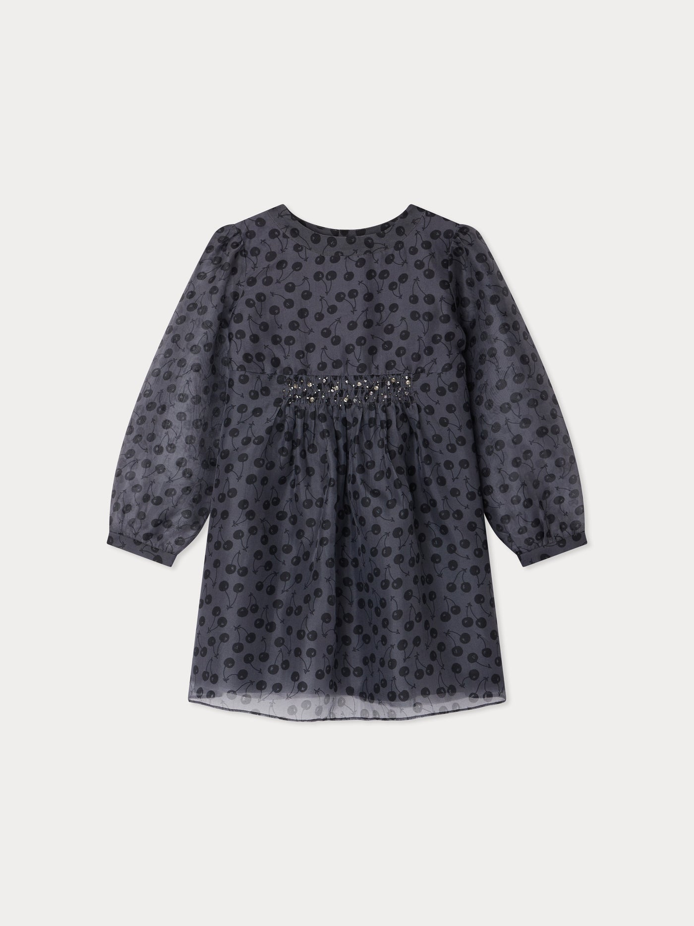 Robe Junia smockée à imprimés cerises rebrodés à la main de strass en soie