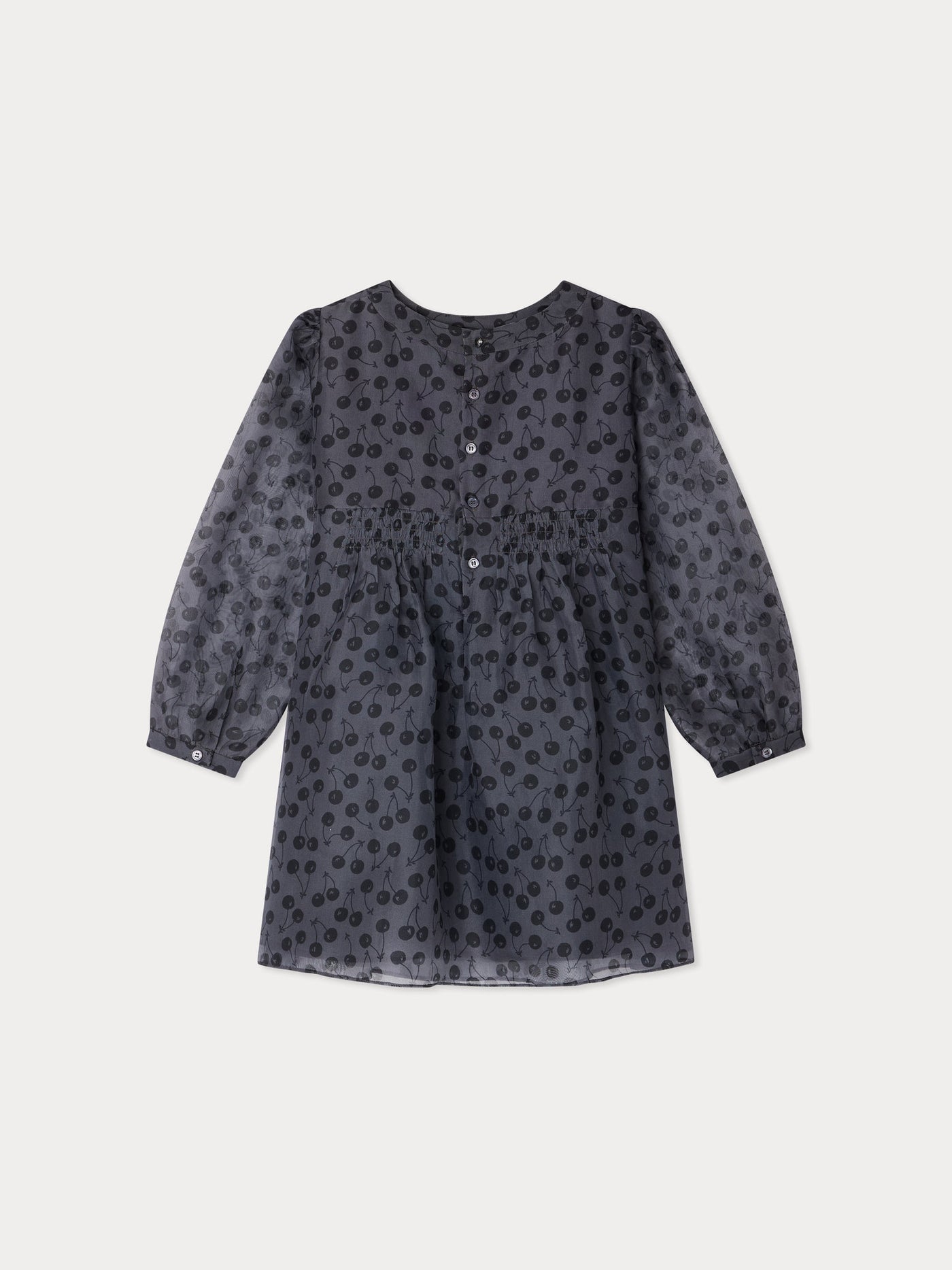 Robe Junia smockée à imprimés cerises rebrodés à la main de strass en soie