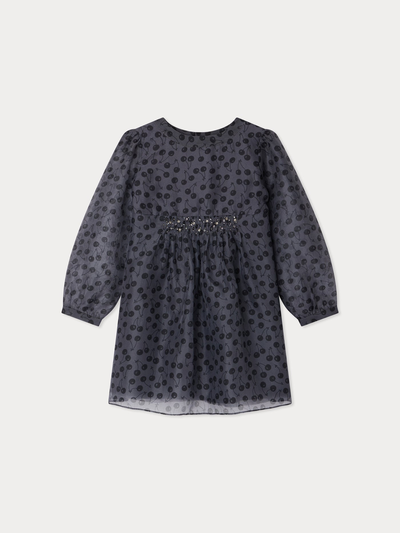 Abito Junia a punto smock con stampe di ciliegie ricamato a mano con strass di seta