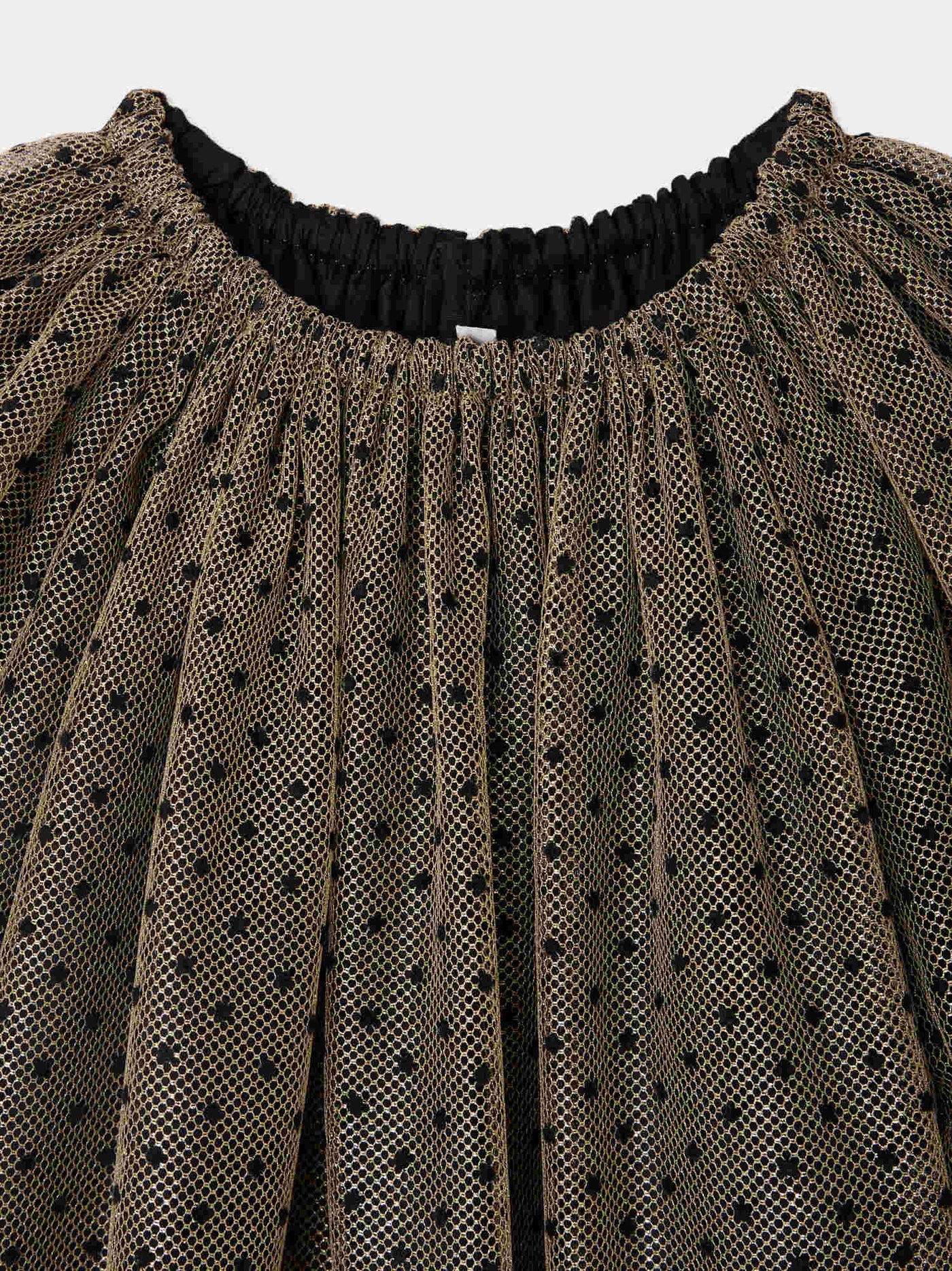Robe Juste en tulle or à pois flockés noirs