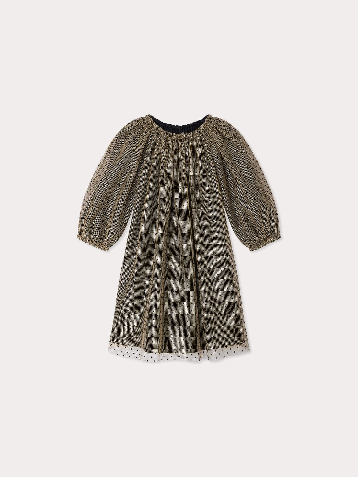 Abito Juste in tulle dorato con pois neri floccati