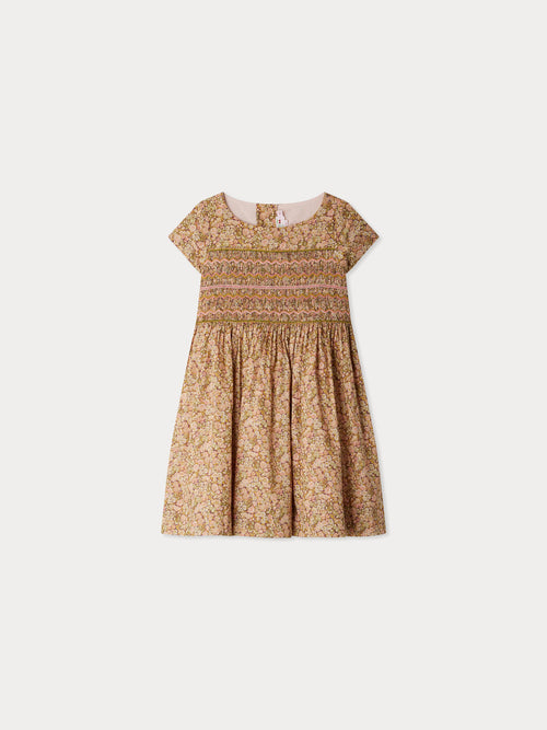 Smocked and embroidered Duchesse dress in Liberty fabric in organic cotton