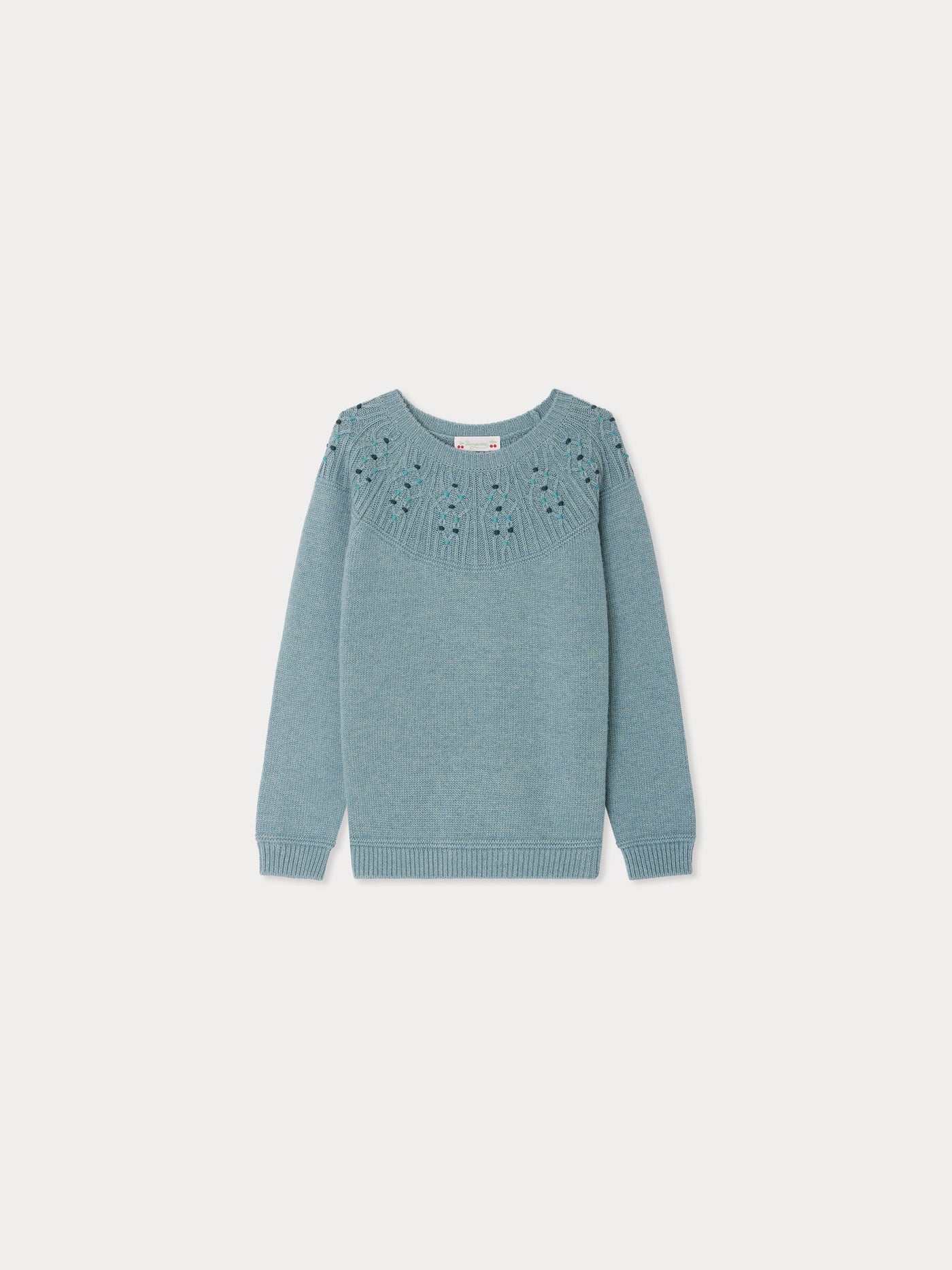 Pull Genièvre torsadé smocké et brodé en jacquard