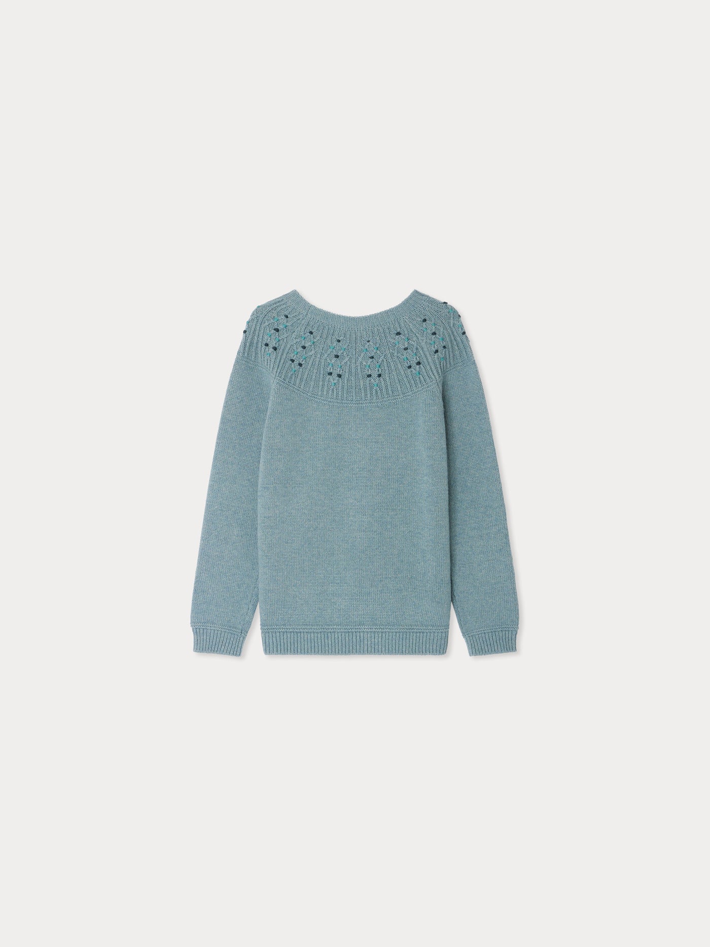 Pull Genièvre torsadé smocké et brodé en jacquard