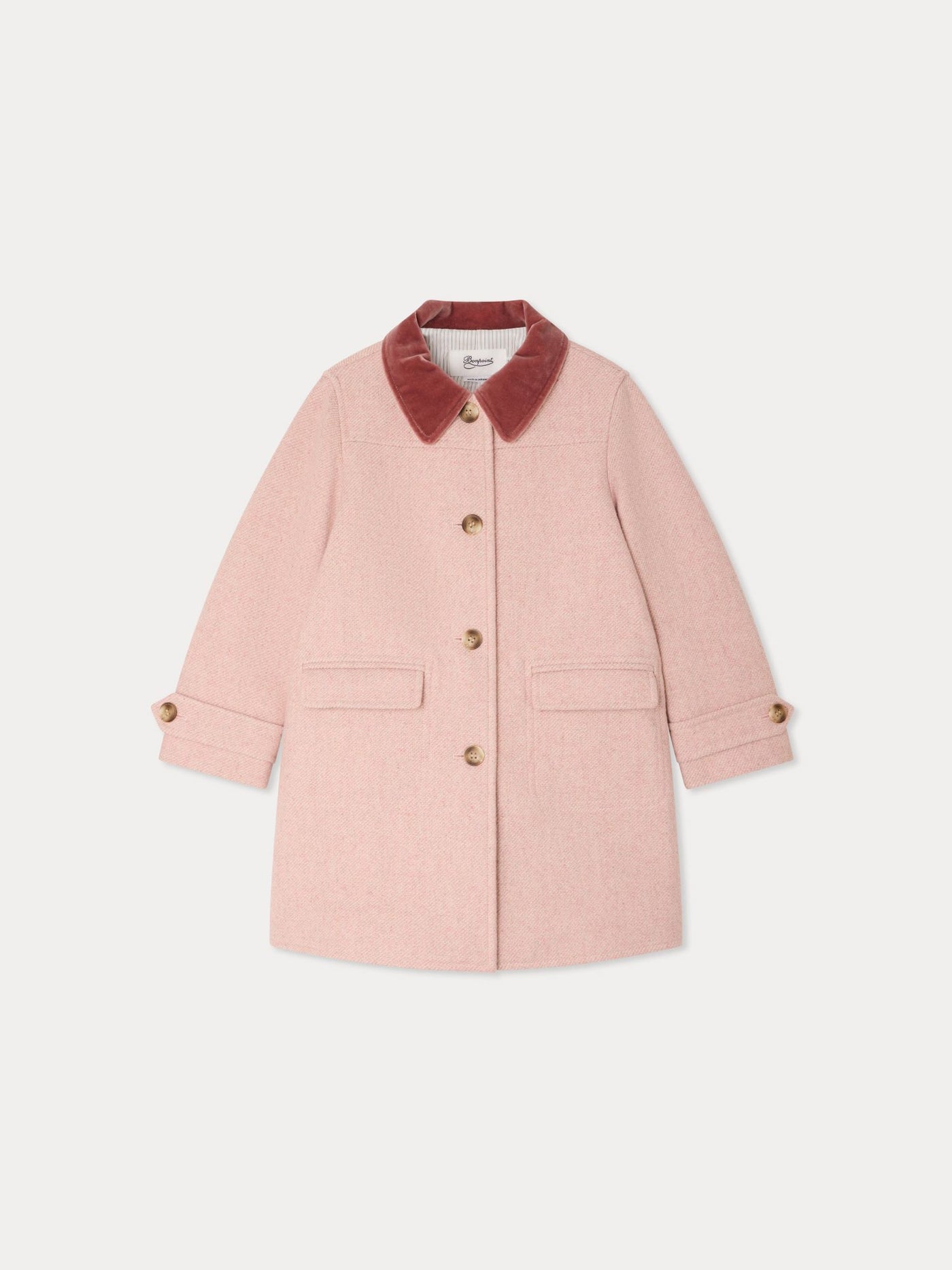 Jaida-Mantel aus rosa Wolle mit Samtkragen