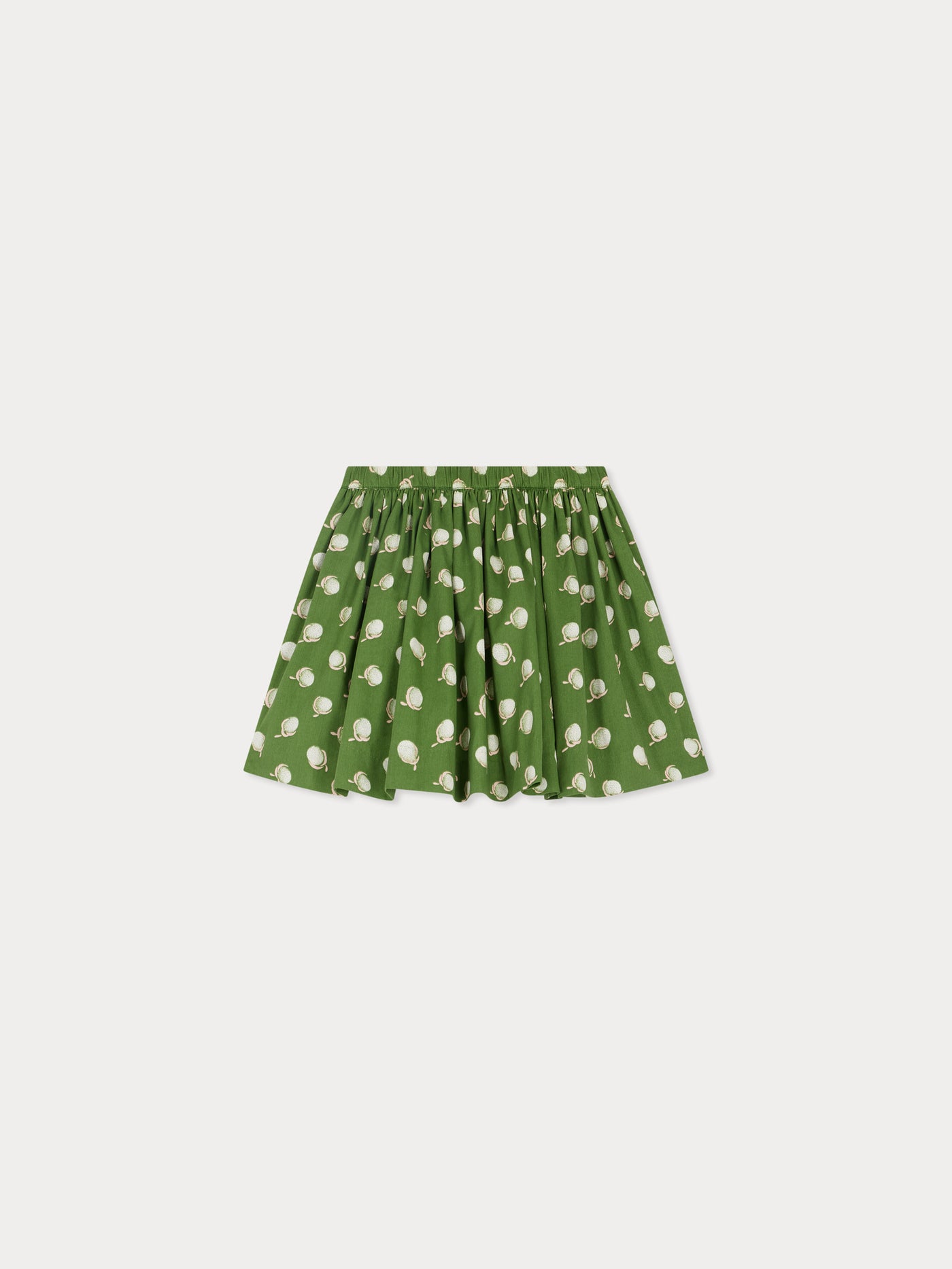 Gonna Suzon in raso verde con stampa floreale in cotone biologico
