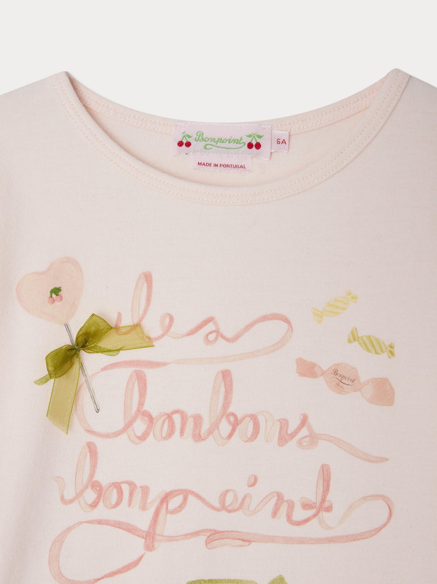 T-shirt Tidjiane rosa con stampa Bonbon, nastro e ciliegia ricamata in cotone biologico