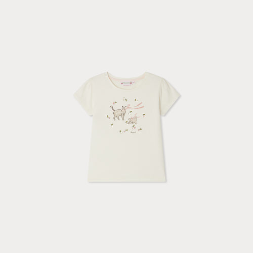 T-shirt Capricia con stampa gatto e paillettes ricamate in cotone biologico