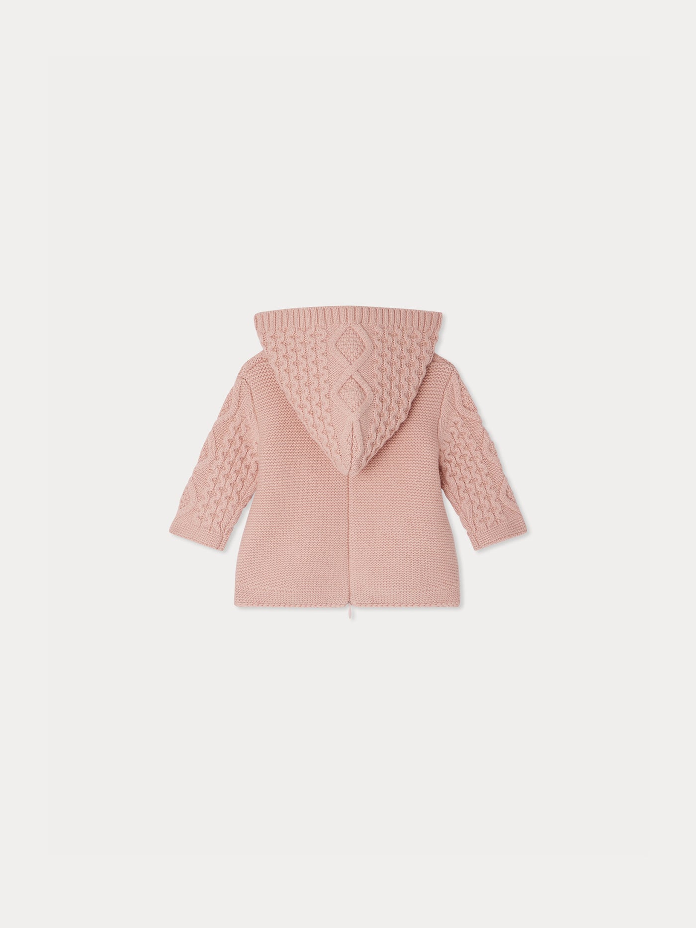 Burnou Tainy hooded jacket with a fancy pink wool knit