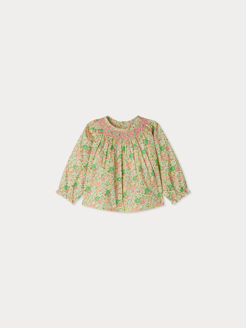 Griotte blouse smocked and embroidered in Liberty fabric in organic cotton