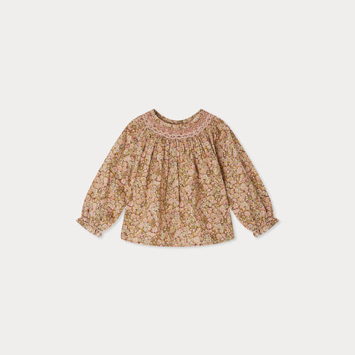 Griotte-Bluse gesmokt und bestickt aus Liberty-Stoff aus Bio-Baumwolle