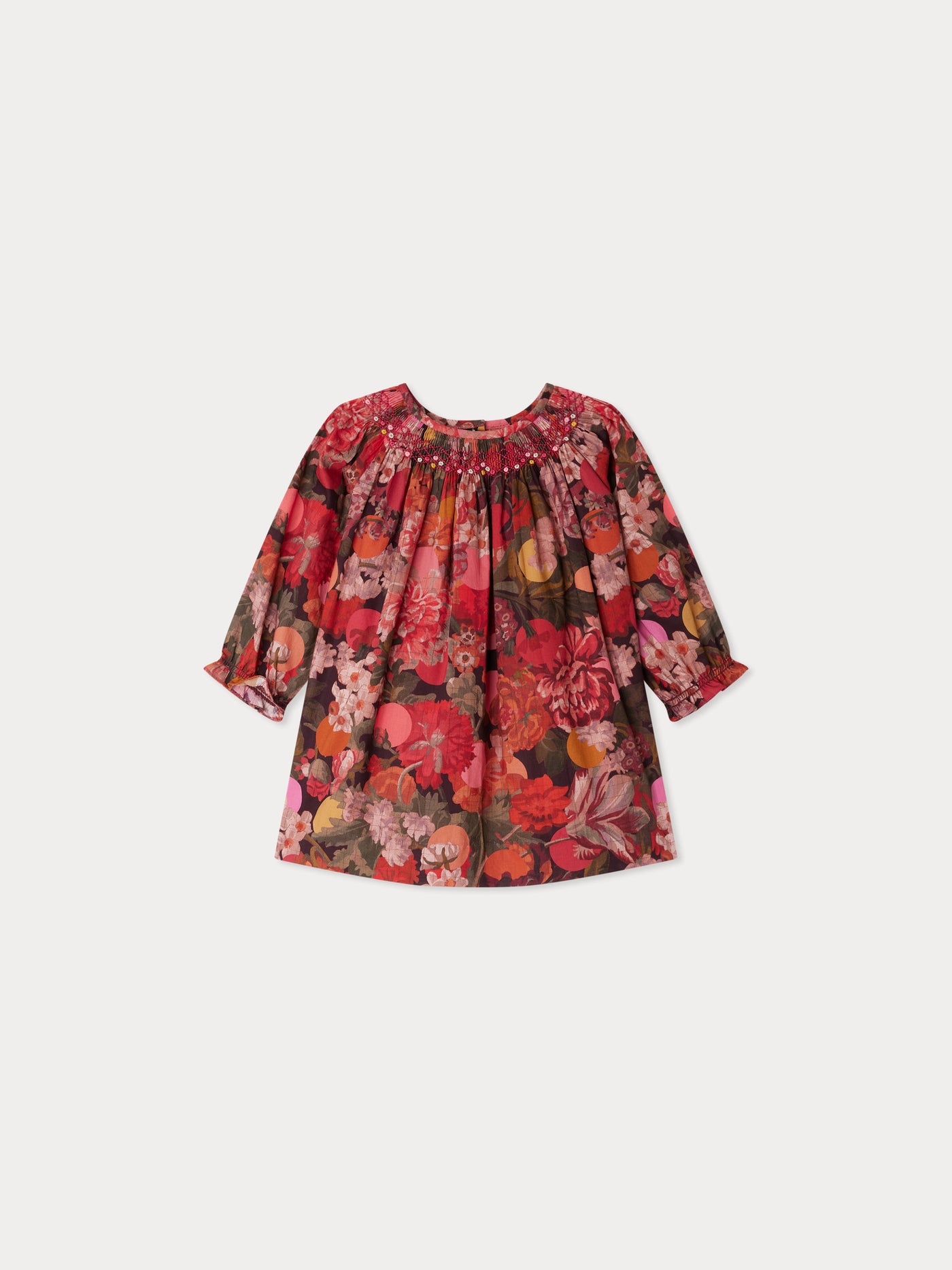 Griottine gesmoktes und besticktes Kleid aus Liberty-Stoff aus Bio-Baumwolle