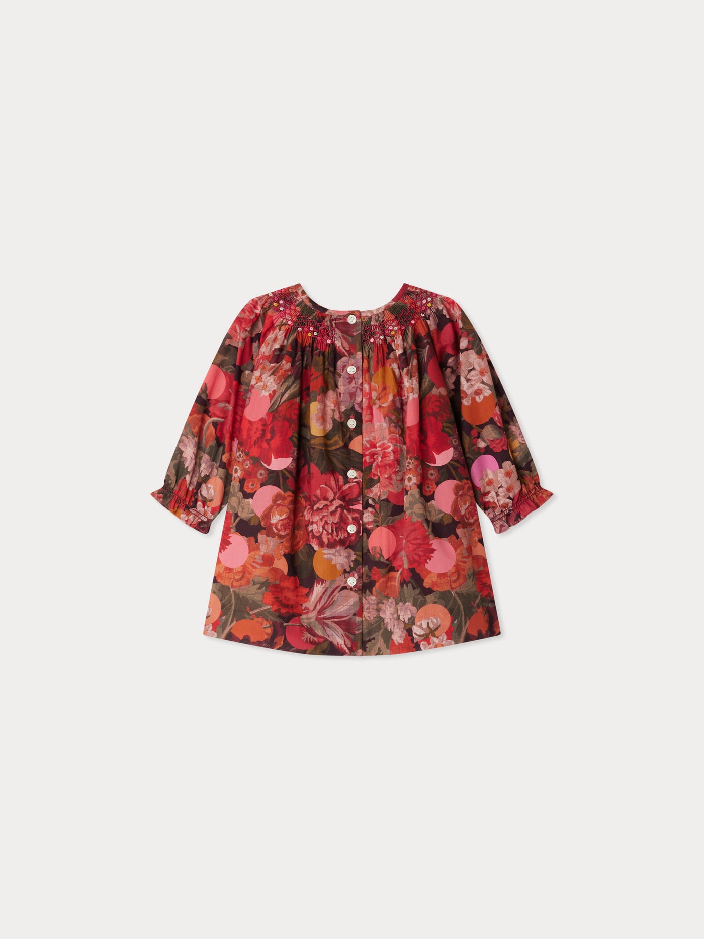 Griottine gesmoktes und besticktes Kleid aus Liberty-Stoff aus Bio-Baumwolle