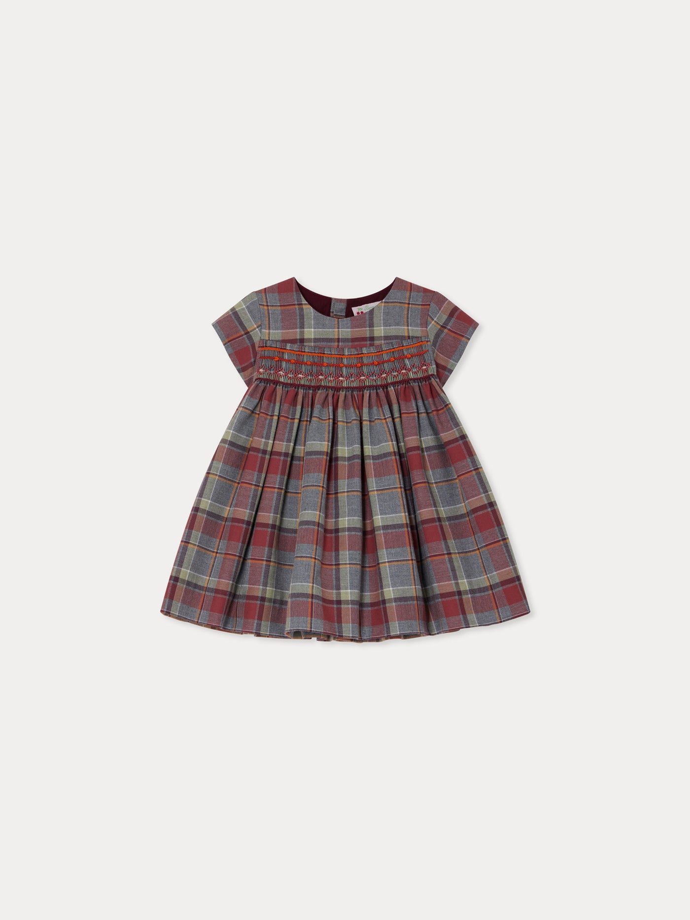 Robe Marushka smockée et brodée à carreaux bordeaux