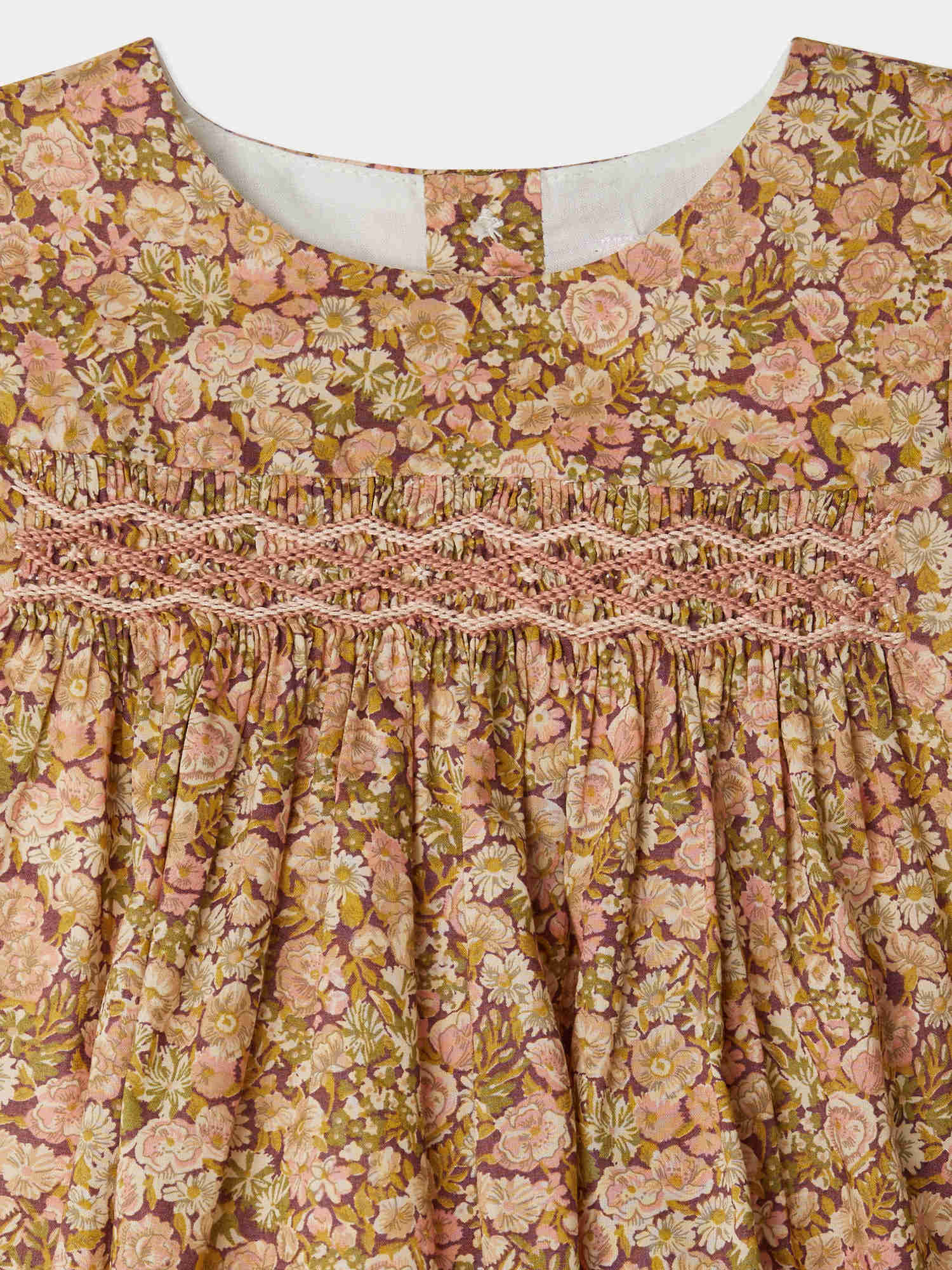 Félicie smocked and embroidered dress in Liberty fabric in organic