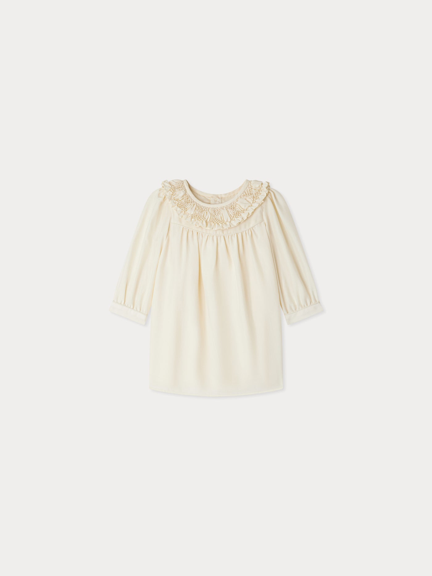 Abito Parma con collo smock e ricami in seta