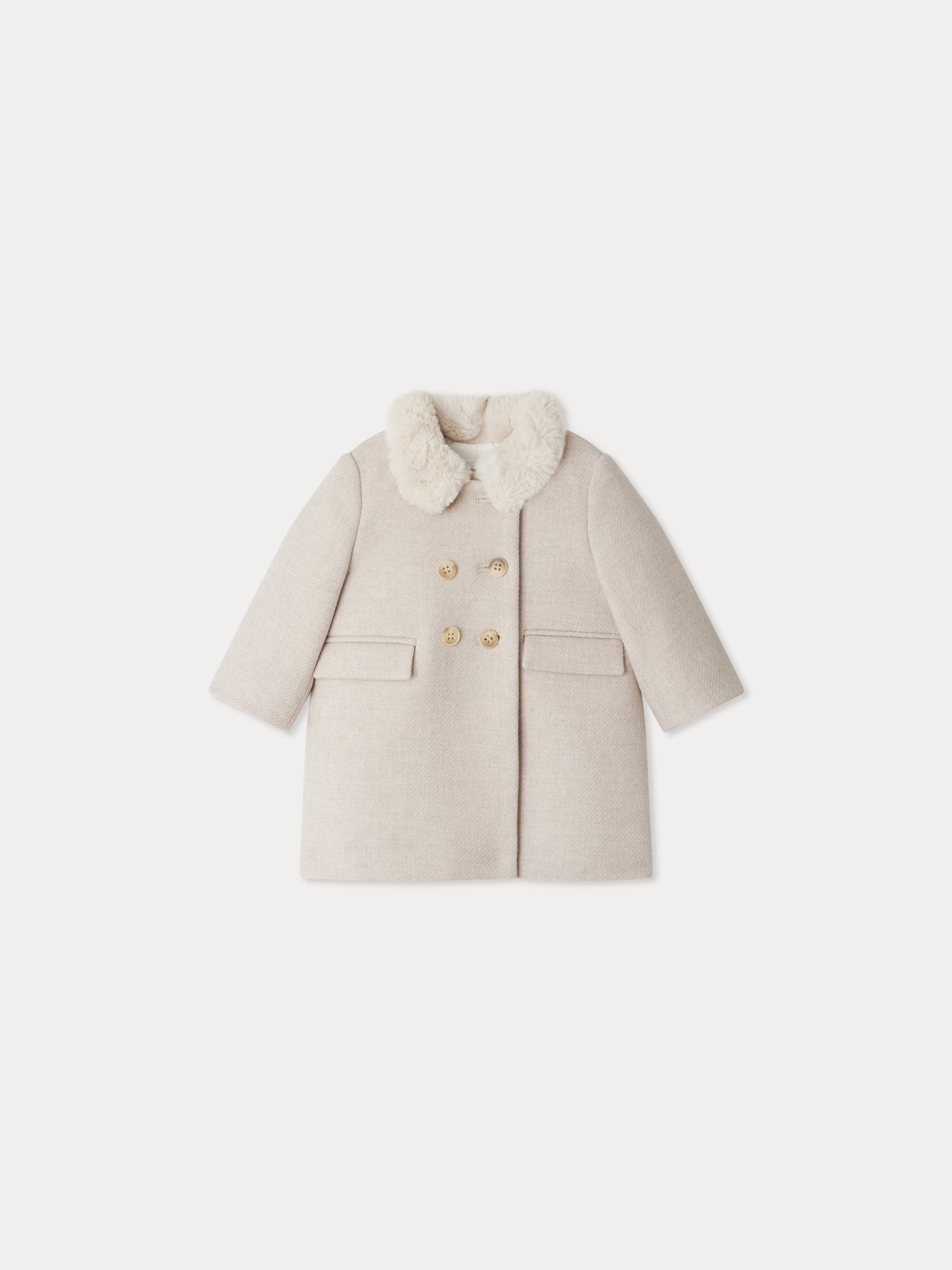 Cappotto in lana moka con collo in pelliccia sintetica