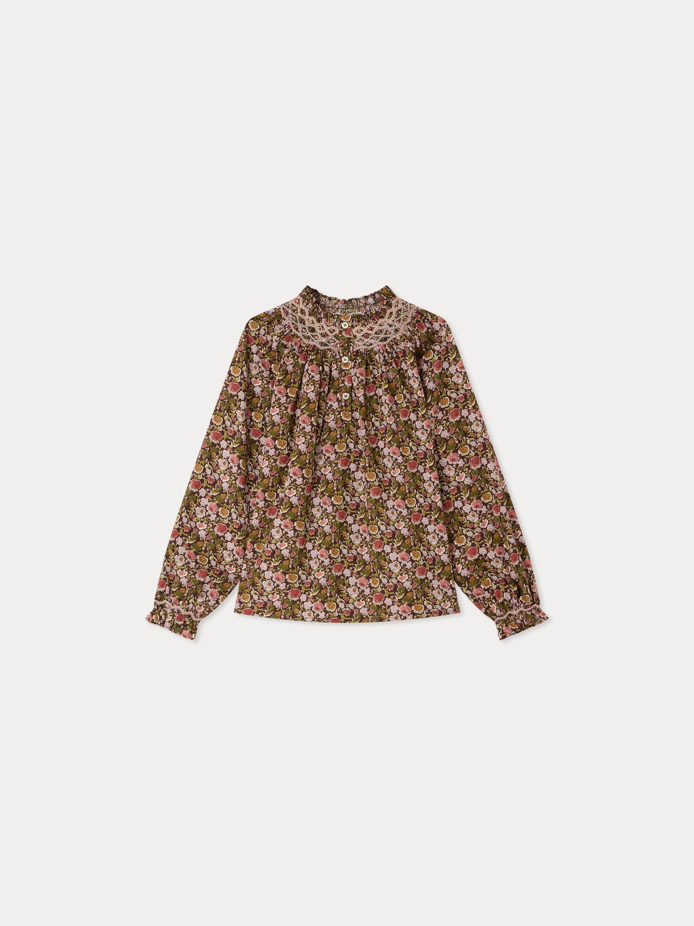 Pétale-Bluse aus Liberty-Stoff gesmokt und handbestickt Bio-Baumwolle