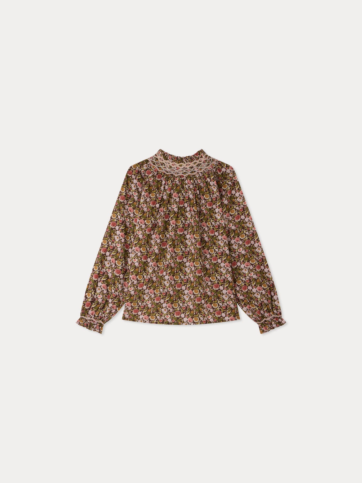 Pétale-Bluse aus Liberty-Stoff gesmokt und handbestickt Bio-Baumwolle