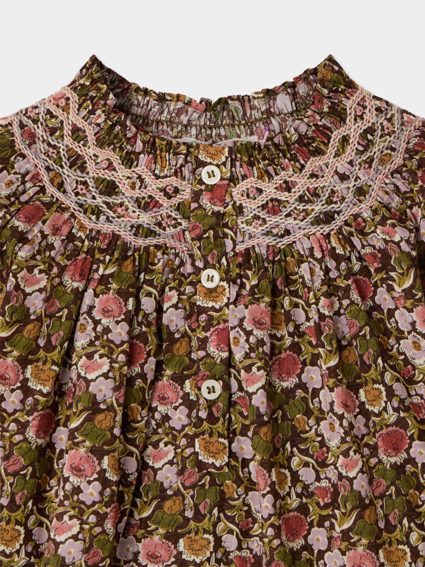 Pétale-Bluse aus Liberty-Stoff gesmokt und handbestickt Bio-Baumwolle