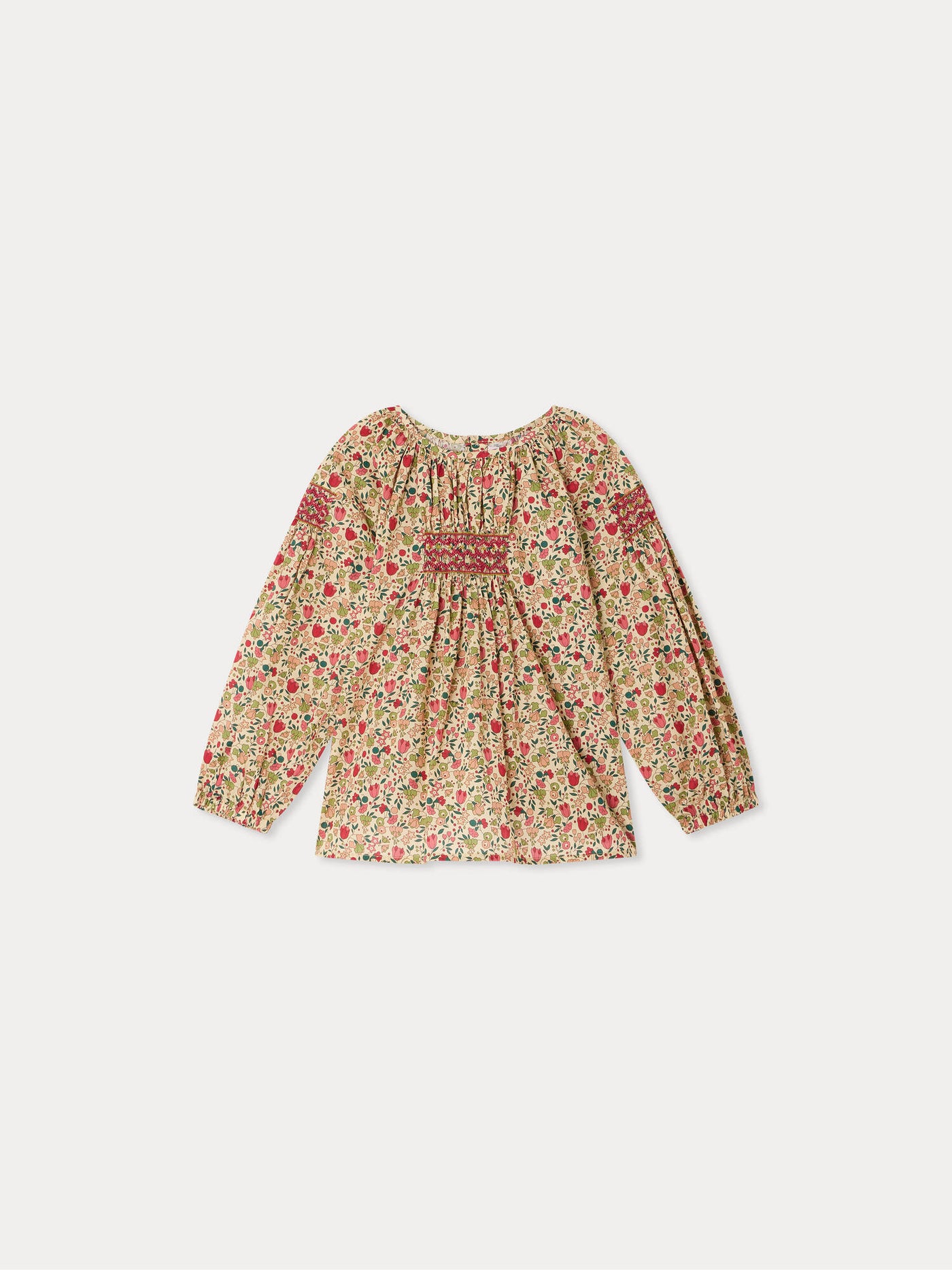 Poldie Bluse aus Liberty-Stoff mit Smokstickerei und Handstickerei aus Bio-Baumwolle