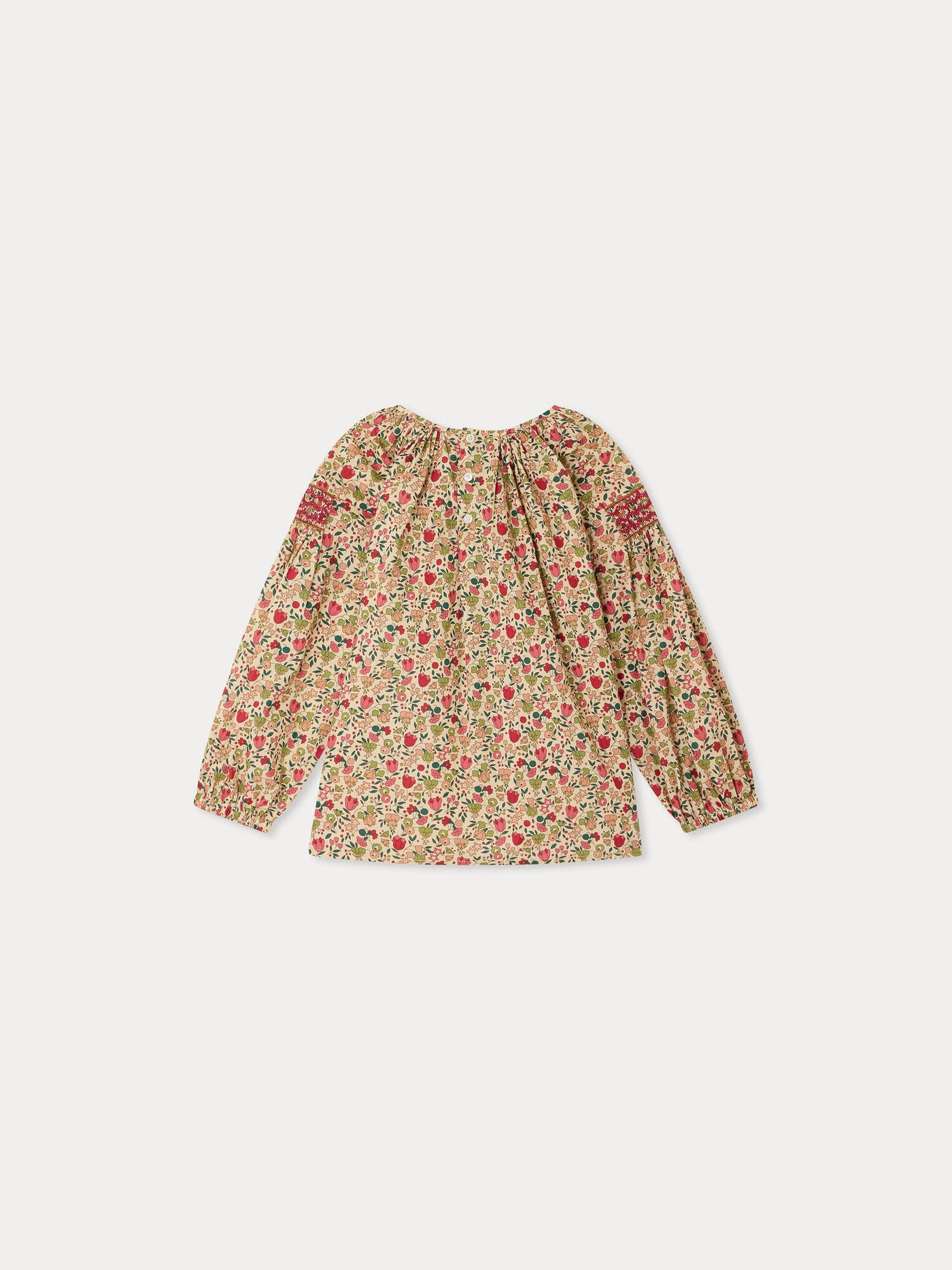Poldie Bluse aus Liberty-Stoff mit Smokstickerei und Handstickerei aus Bio-Baumwolle