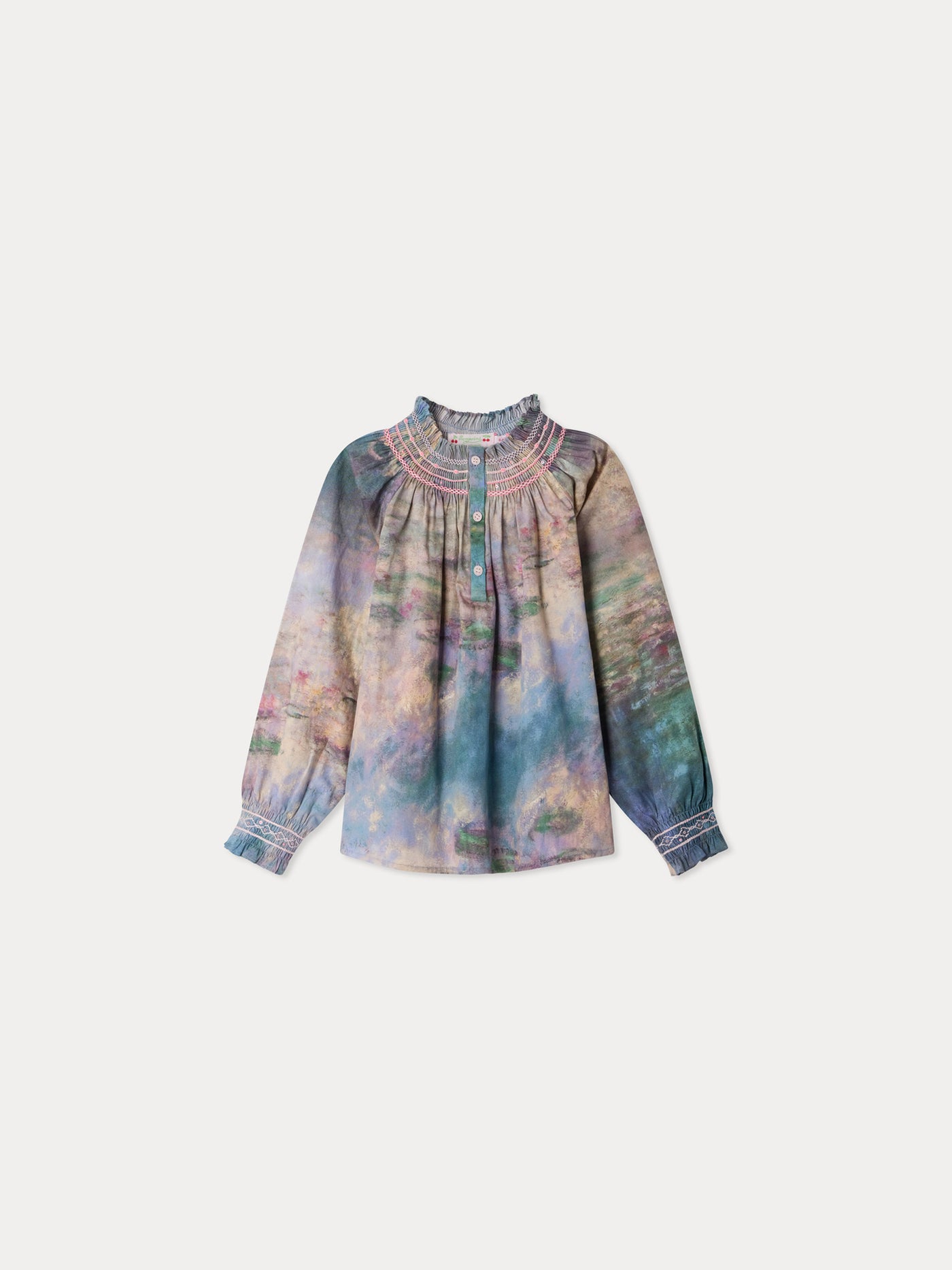 Bonpoint x MoMA Bluse Pétale gesmokt und handbestickt aus Bio-Baumwolle