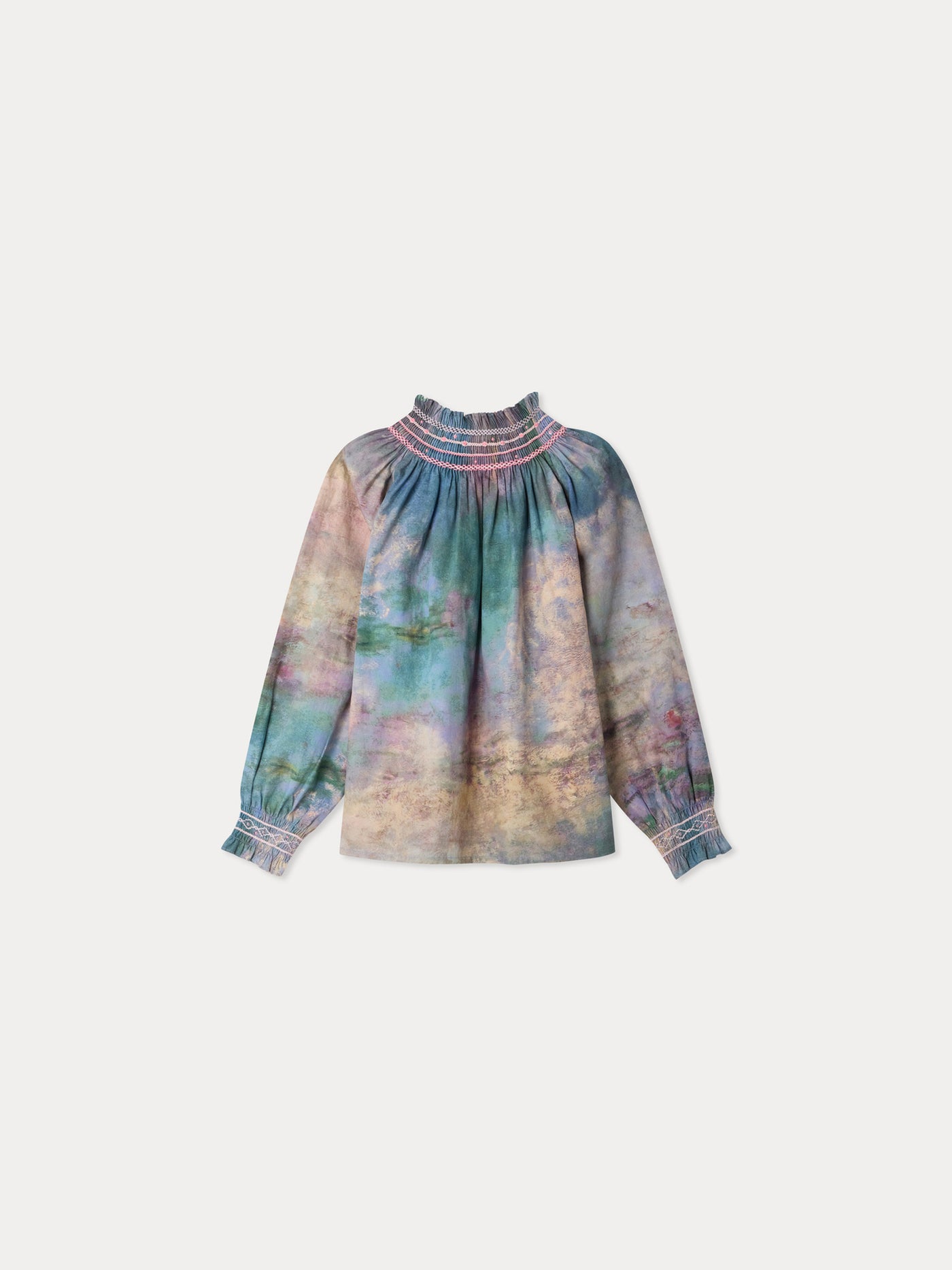 Bonpoint x MoMA Bluse Pétale gesmokt und handbestickt aus Bio-Baumwolle