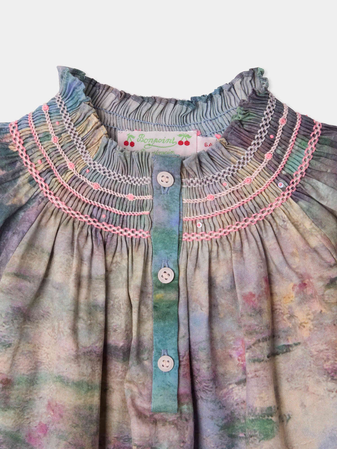 Bonpoint x MoMA Bluse Pétale gesmokt und handbestickt aus Bio-Baumwolle
