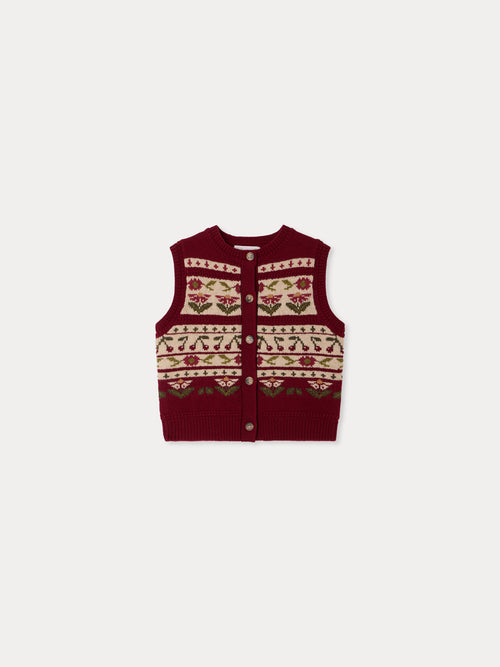 Cardigan Meriam ärmellos mit Kirsch-Jacquard aus Wolle