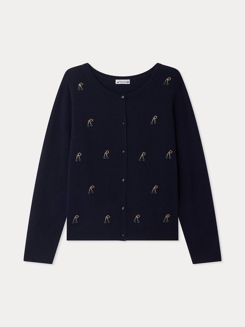 Cardigan Marisha Grown-Up marine cerises et perles brodees main en cachemire