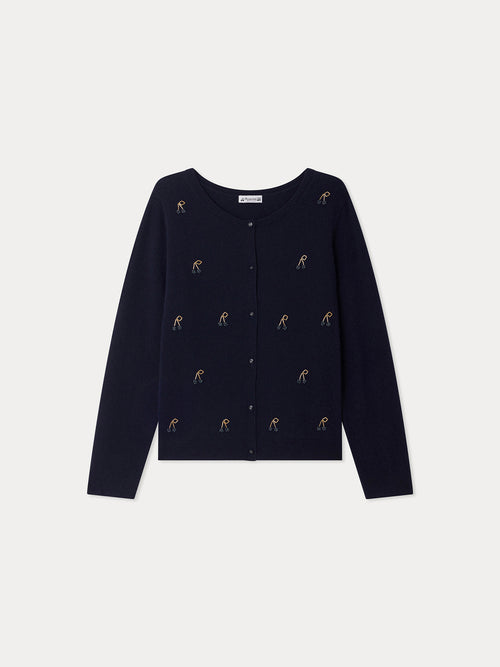 Cardigan Marisha Grown-Up marine cerises et perles brodees main en cachemire