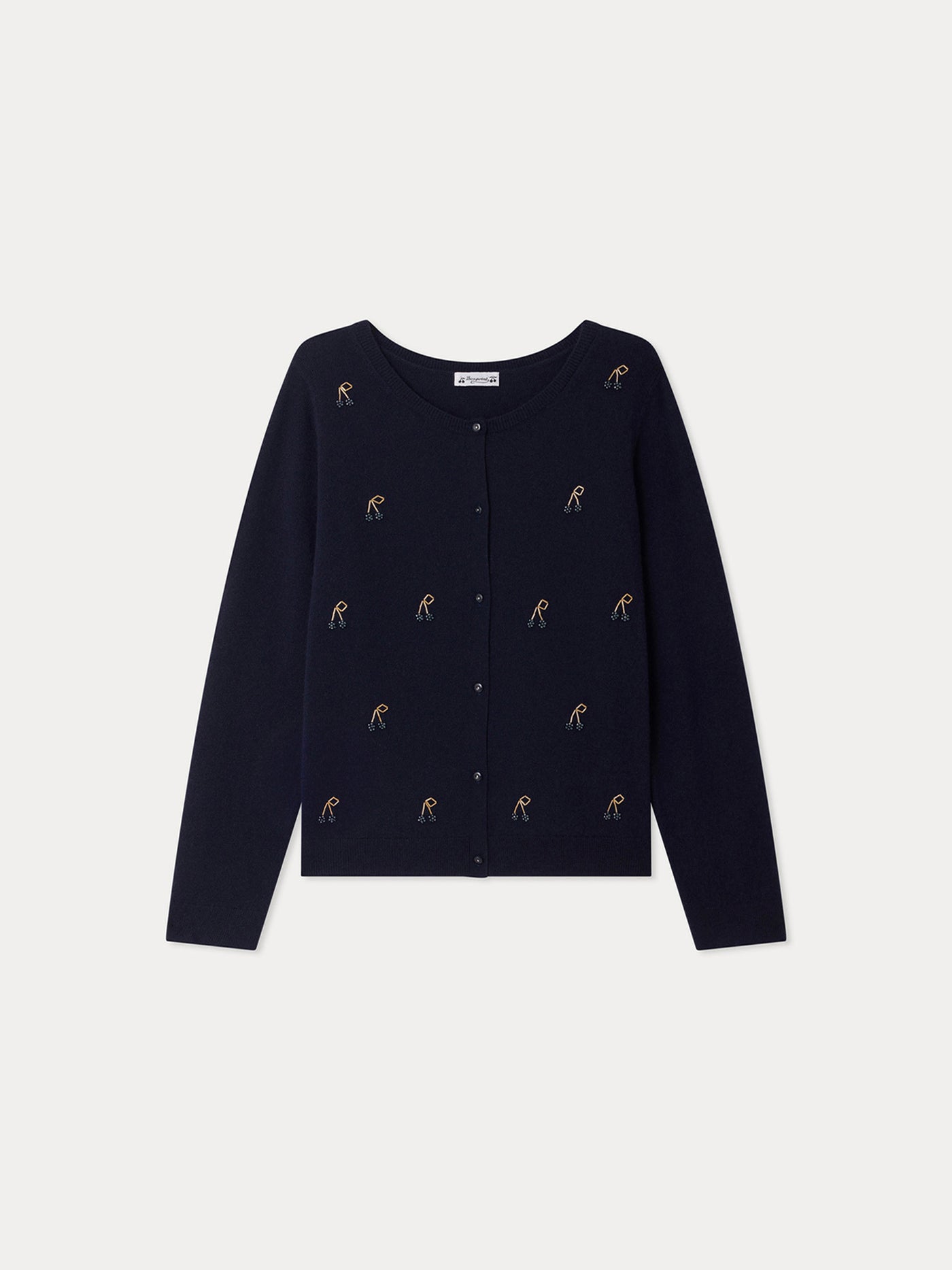 Cardigan Marisha Grown-Up marineblau mit handbestickten Kirschen und Perlen aus Kaschmir