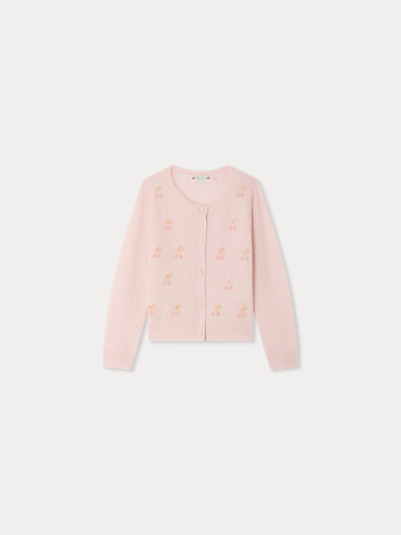 Cardigan Marisha rosa mit handbestickten Kirschen und Perlen aus Kaschmir