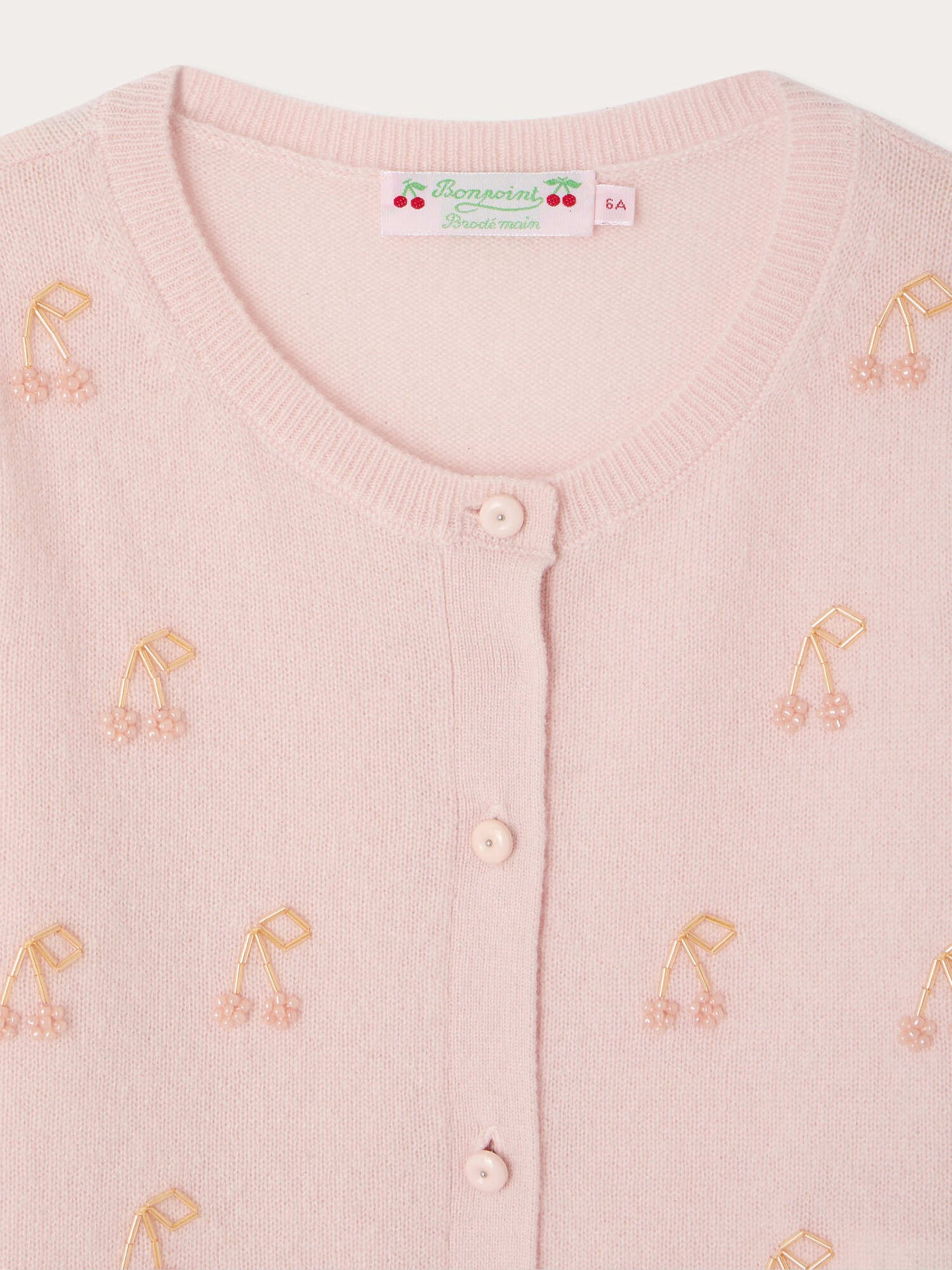 Cardigan Marisha rosa mit handbestickten Kirschen und Perlen aus Kaschmir