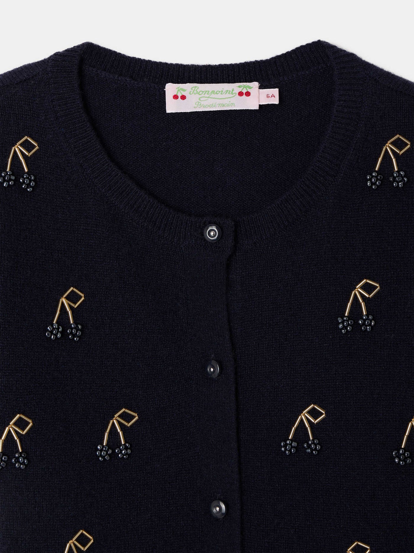 Cardigan Marisha marine cerises et perles brodées main en cachemire