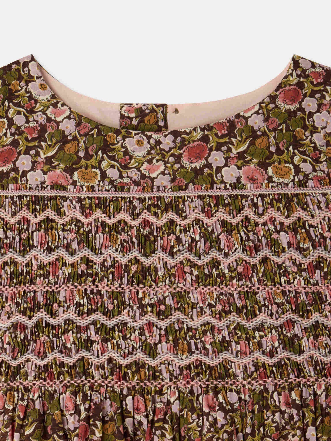 Robe Duchesse en tissu Liberty smockée et brodée main en coton biologique