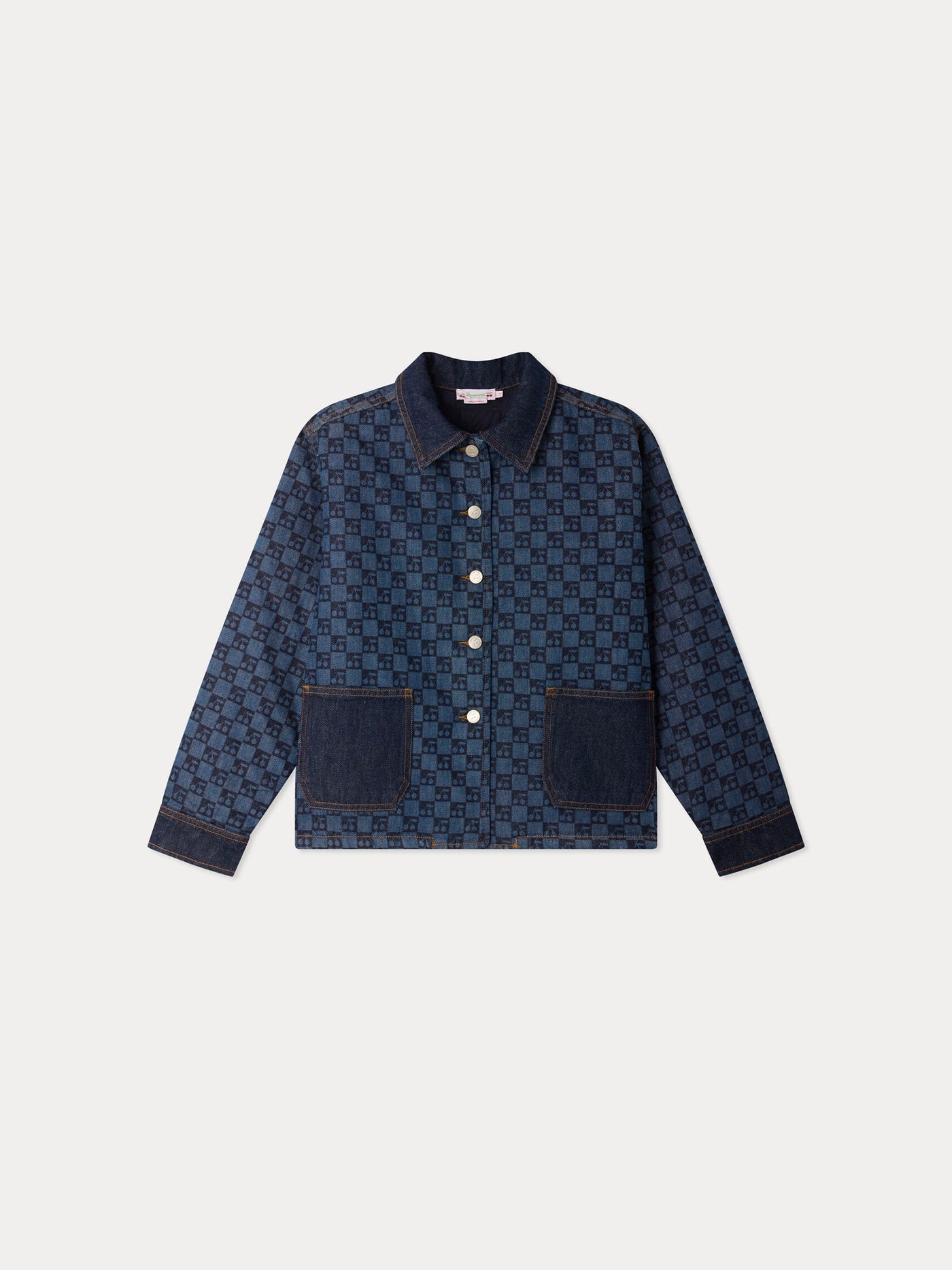 Marity Grown-Up padded jacket with Peter Pan collar and cherry check print in organic cotton