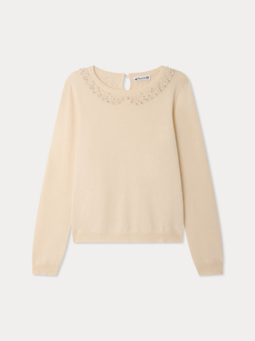 Jersey Maonie Grown-Up de cachemira con cuello falso y perlas bordadas a mano