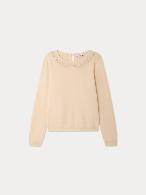 Maonie Grown-Up cashmere sweater with mock collar and hand-embroidered pearls