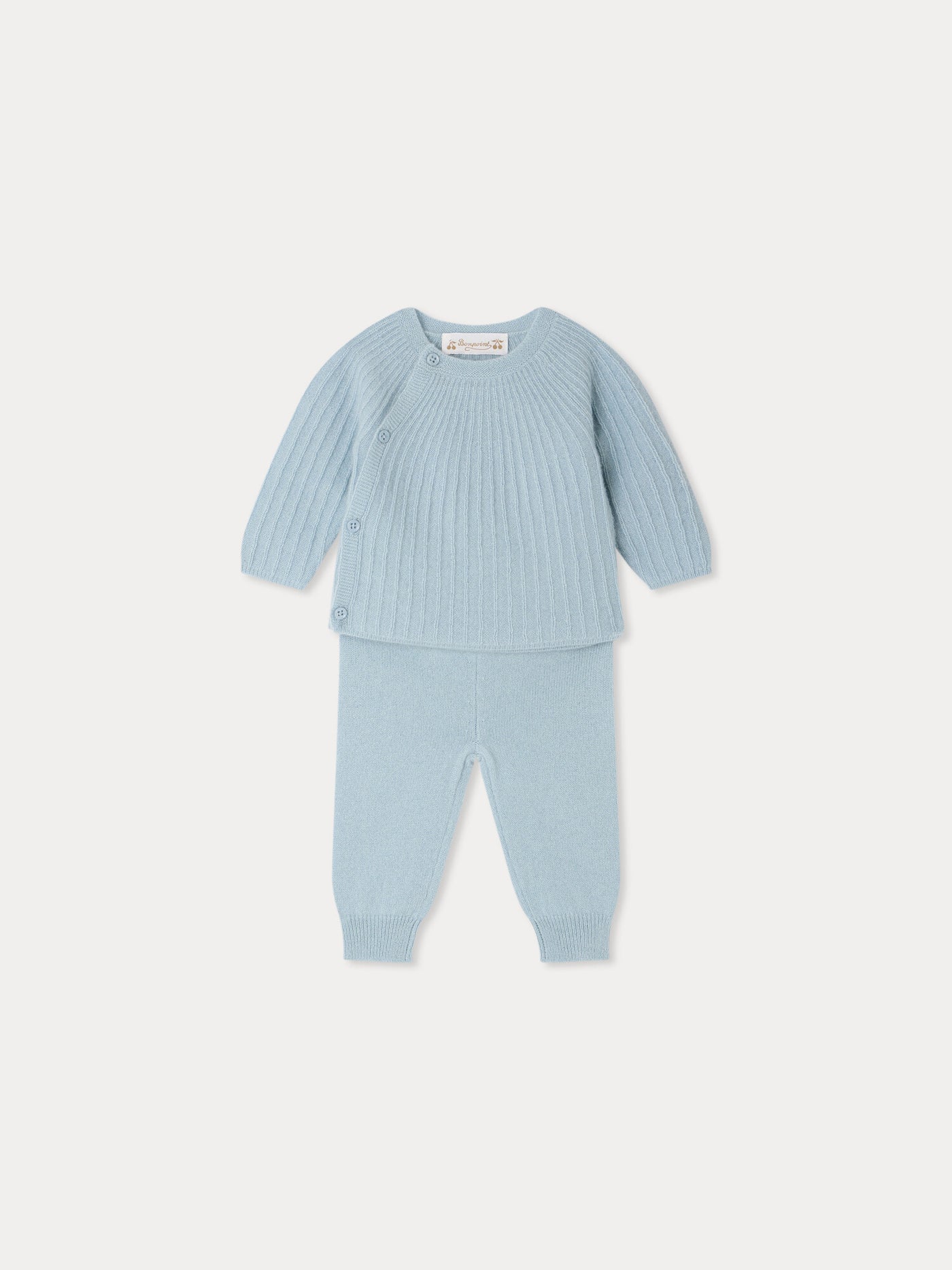 Set Ging blau mit Fantasie-Strickmuster aus Kaschmir