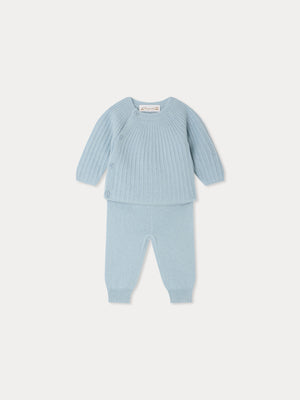 Set Ging blau mit Fantasie-Strickmuster aus Kaschmir