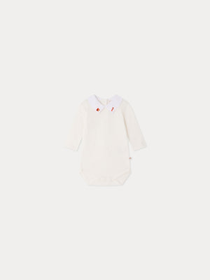 Septembre bodysuit with hand-embroidered squirrel collar in organic cotton
